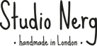 Logo of Studio Nerg with text tagline 'handmade in London' on a clear background