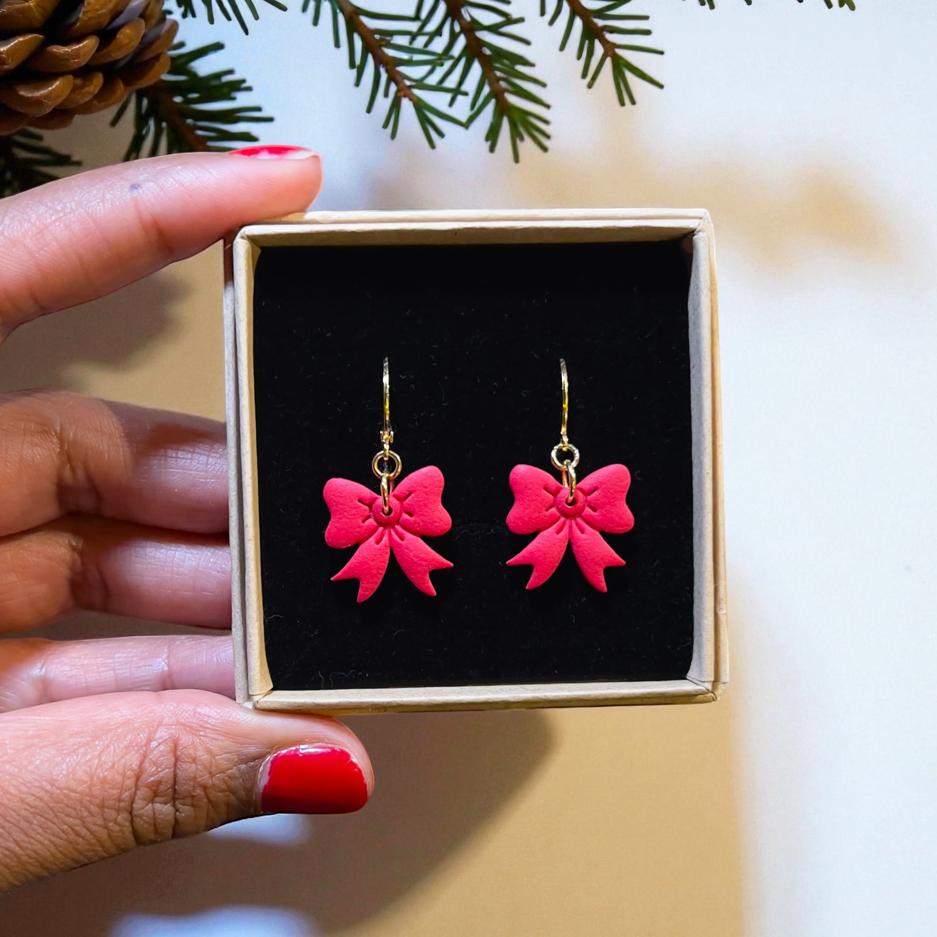 Red Bow Huggie Hoops | Gold or Silver