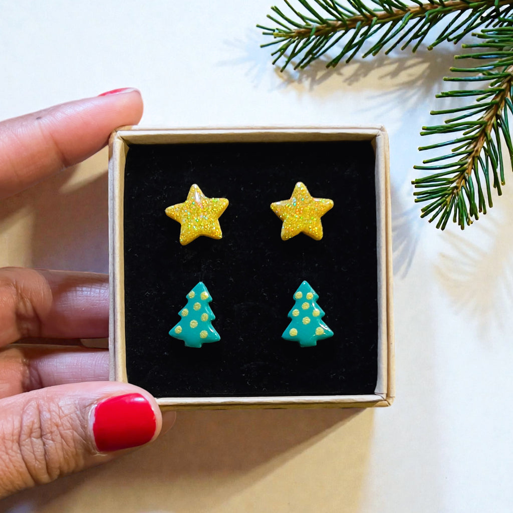 Stars & Trees Christmas Studs Set | Gold or Silver