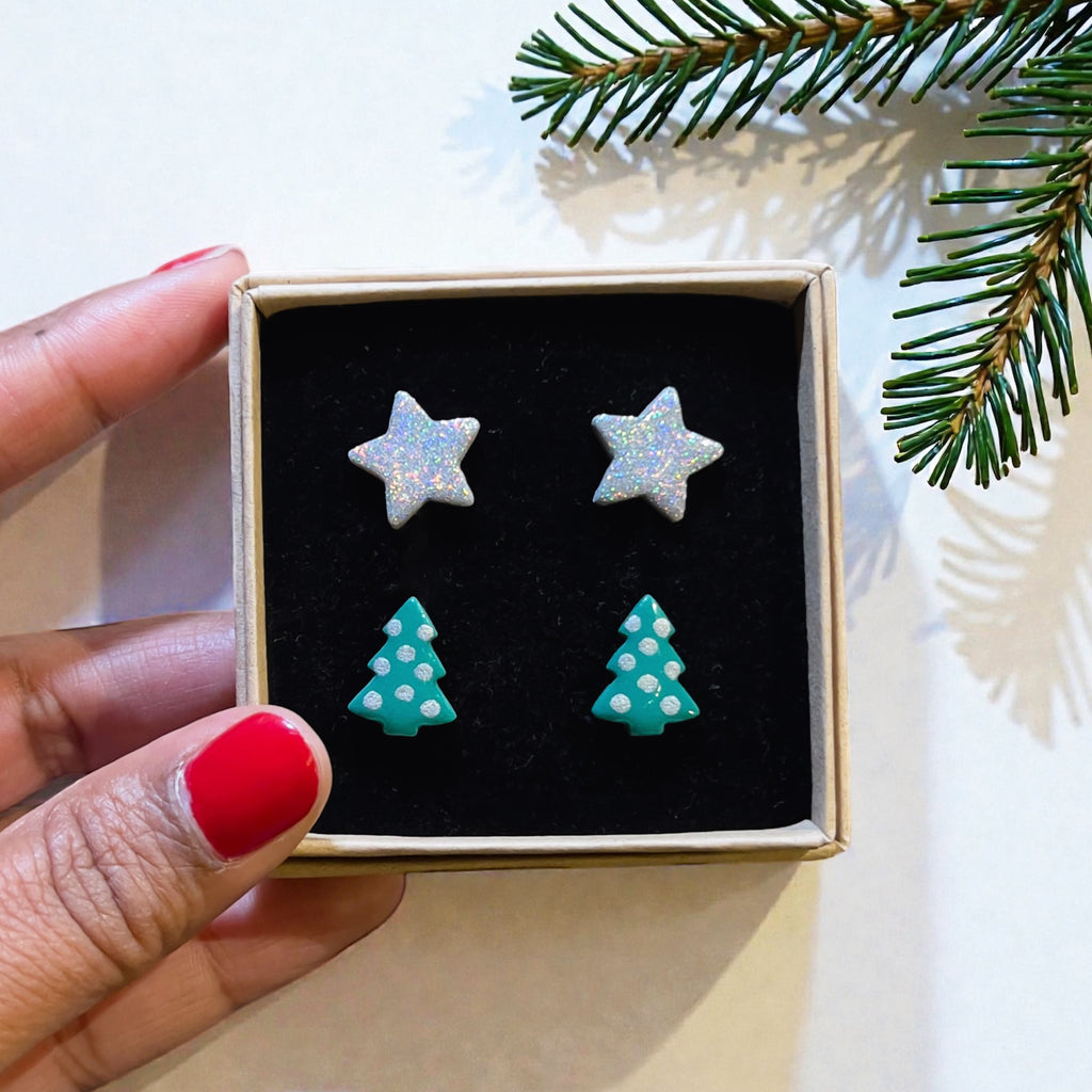 Stars & Trees Christmas Studs Set | Gold or Silver