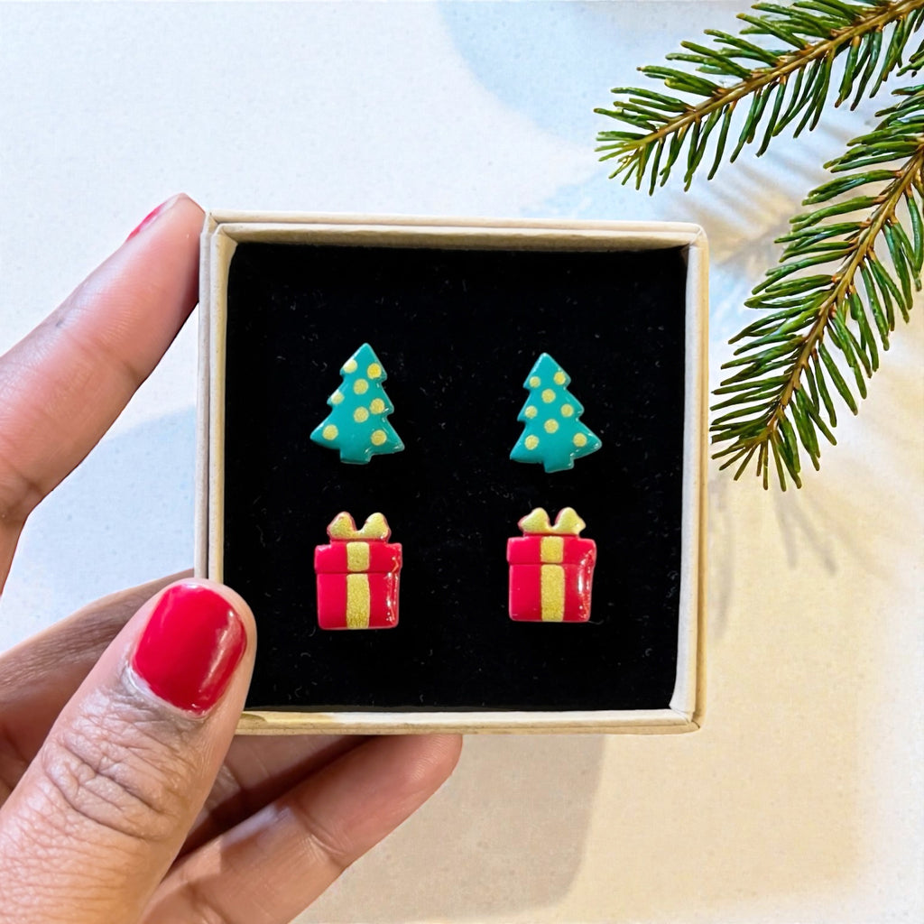 Trees & Presents Christmas Studs Set | Gold or Silver