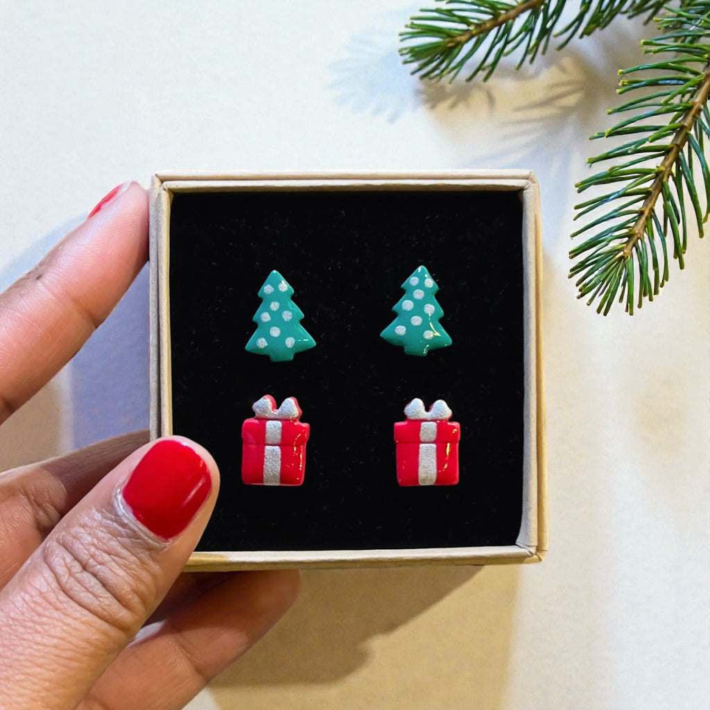 Trees & Presents Christmas Studs Set | Gold or Silver