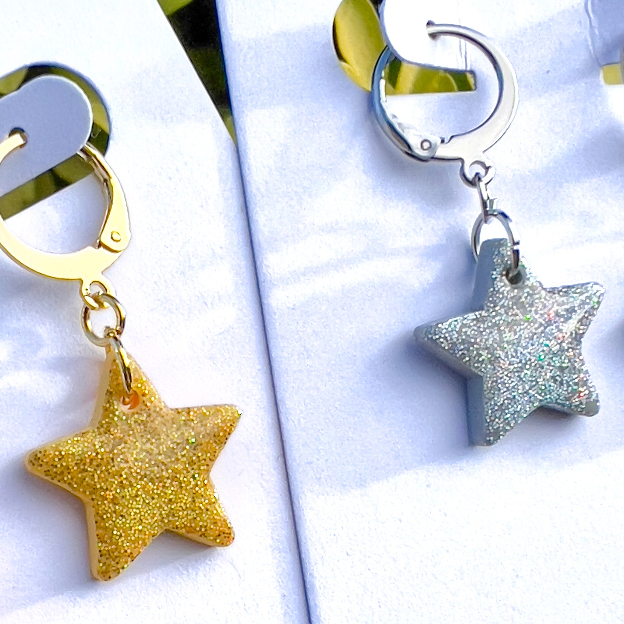 Holographic Glitter Star Huggie Hoops | Gold or Silver