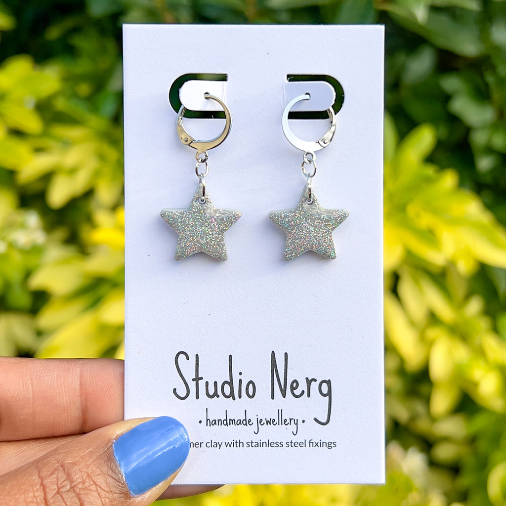 Holographic Glitter Star Huggie Hoops | Gold or Silver